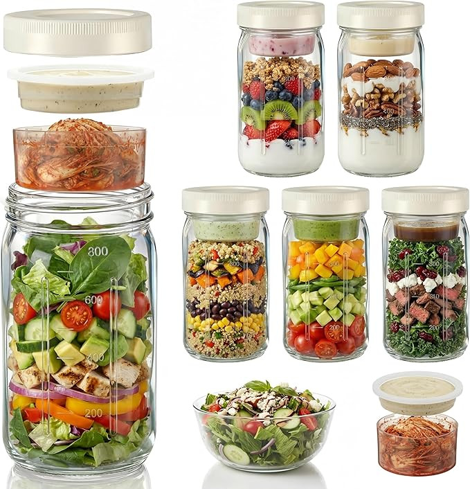 6 Pack 32oz Glass Salad Jars with Lids, Meal Prep Containers with Leak Proof Lids & 2 Built in Dr... | Amazon (US)