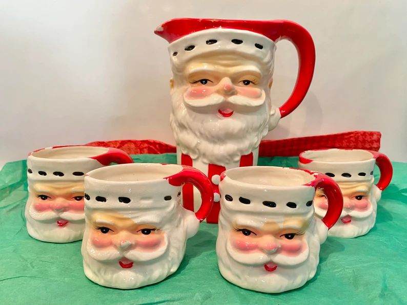 Mid Century Ceramic Santa Pitcher and 4 Santa Mugs Set Japan Vintage | Etsy (US)