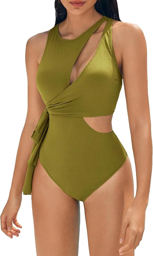 Floerns Women's One Piece Cut Out Asymmetrical Neck Knot Side Monokini Swimsuit | Amazon (US)