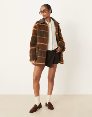 ASOS DESIGN oversized leather look collar jacket in brown check | ASOS (Global)