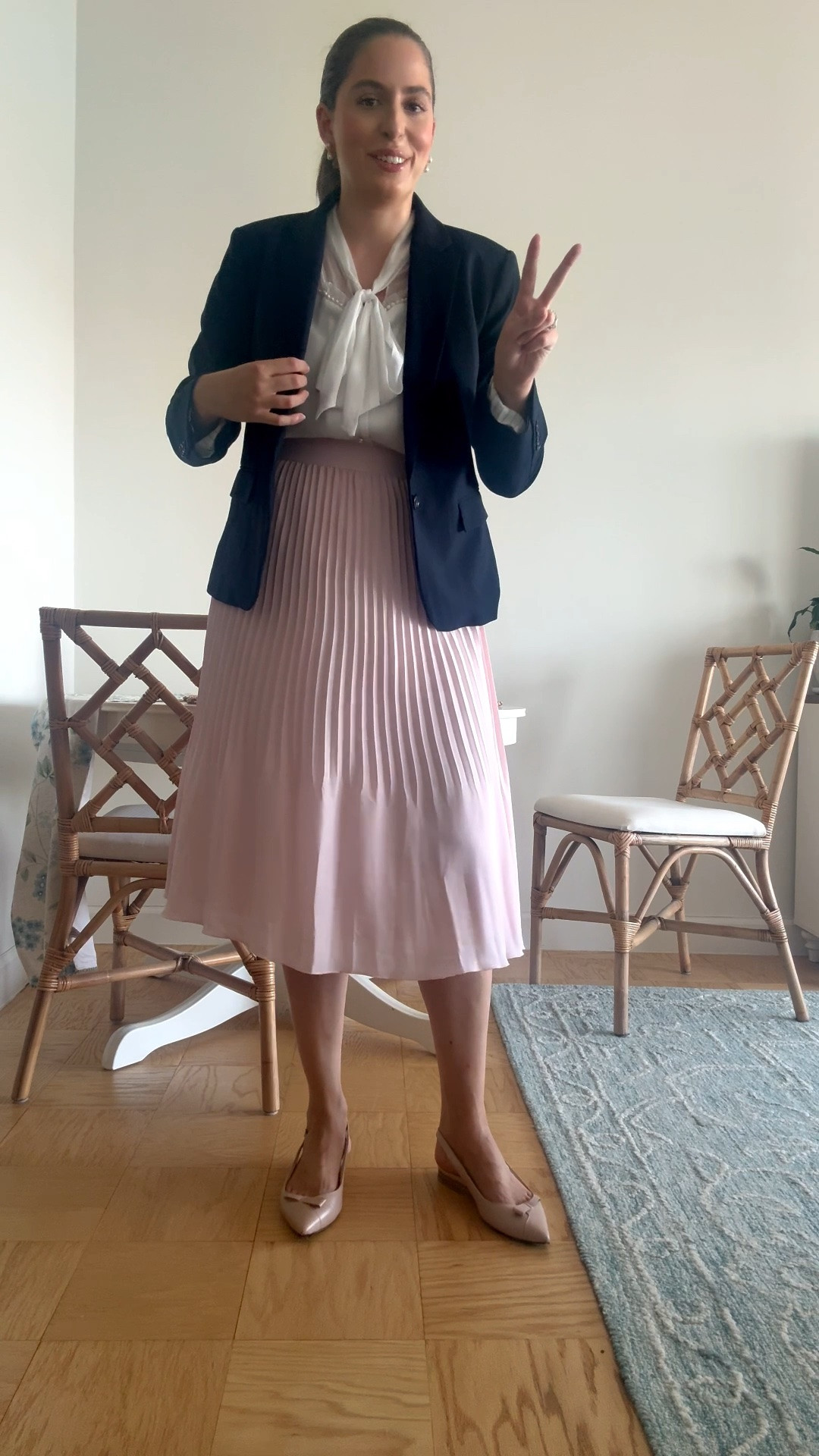 Office style, office outfit, business professional, lawyer, attorney, law firm style, courtroom attire, summer workwear, summer work style, summer work outfit, pleated skirt, bow tie top, white bow blouse, navy blazer

#LTKootd #LTKWorkwear #LTKTall