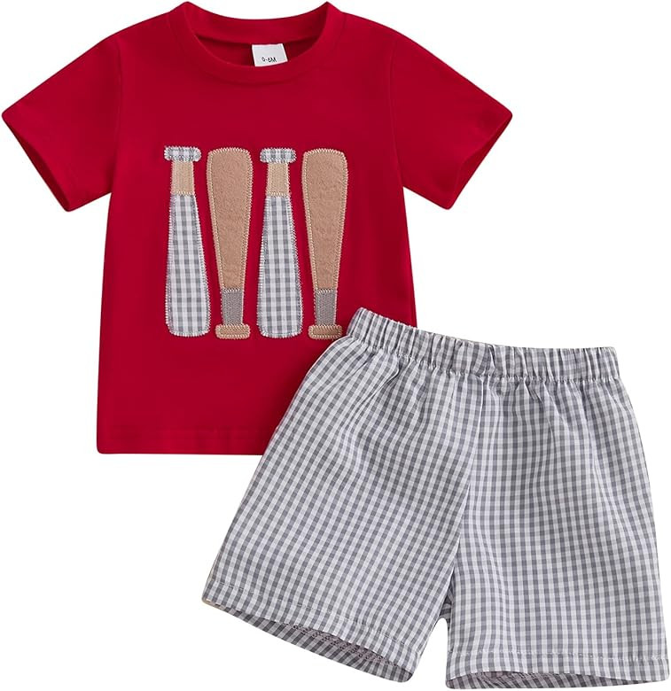 Baseball Toddler Baby Boy Girl Clothes Baseball Bat Embroidery Short Sleeve T Shirt Plaid Shorts ... | Amazon (US)