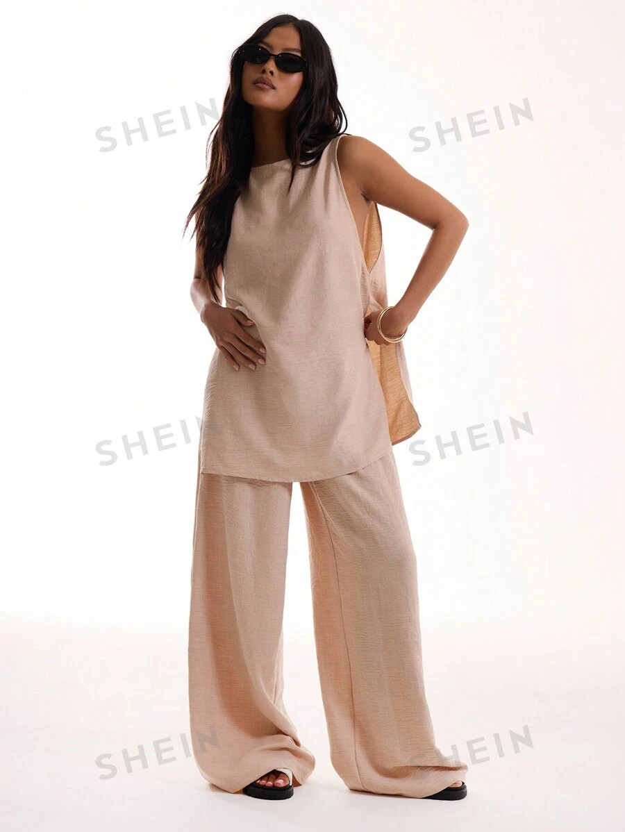 MUSERA Sleeveless Long Line Linen Feel Top | SHEIN