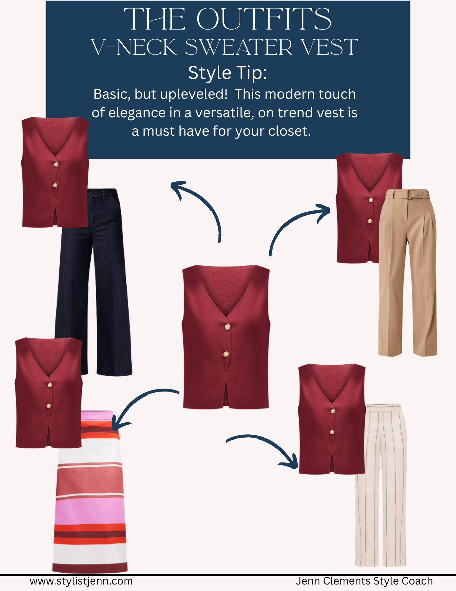 Outfit Ideas – V-Neck Sweater Vest

A modern twist on a wardrobe basic. This deep burgundy vest plays beautifully with every neutral in the capsule. Grab the full lookbook to see exactly how to style it five ways. 

 #LTKSeasonal #LTKOver40 #LTKWorkwear