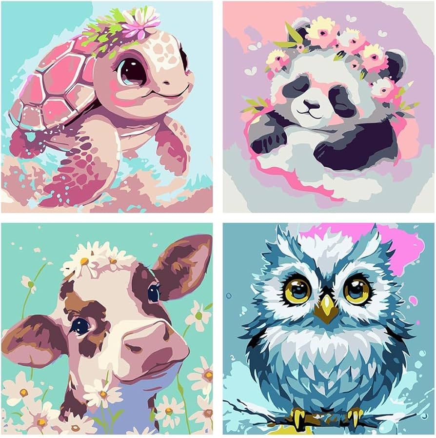 FQOVKYN 4 Pack Paint by Number for Kids, Cute Animals Paint by Numbers Kit for Adults Beginner, Easy Acrylic Watercolor Paint by Numbers Canvas Arts and Crafts for Wall Decor (8 * 8in) | Amazon (US)