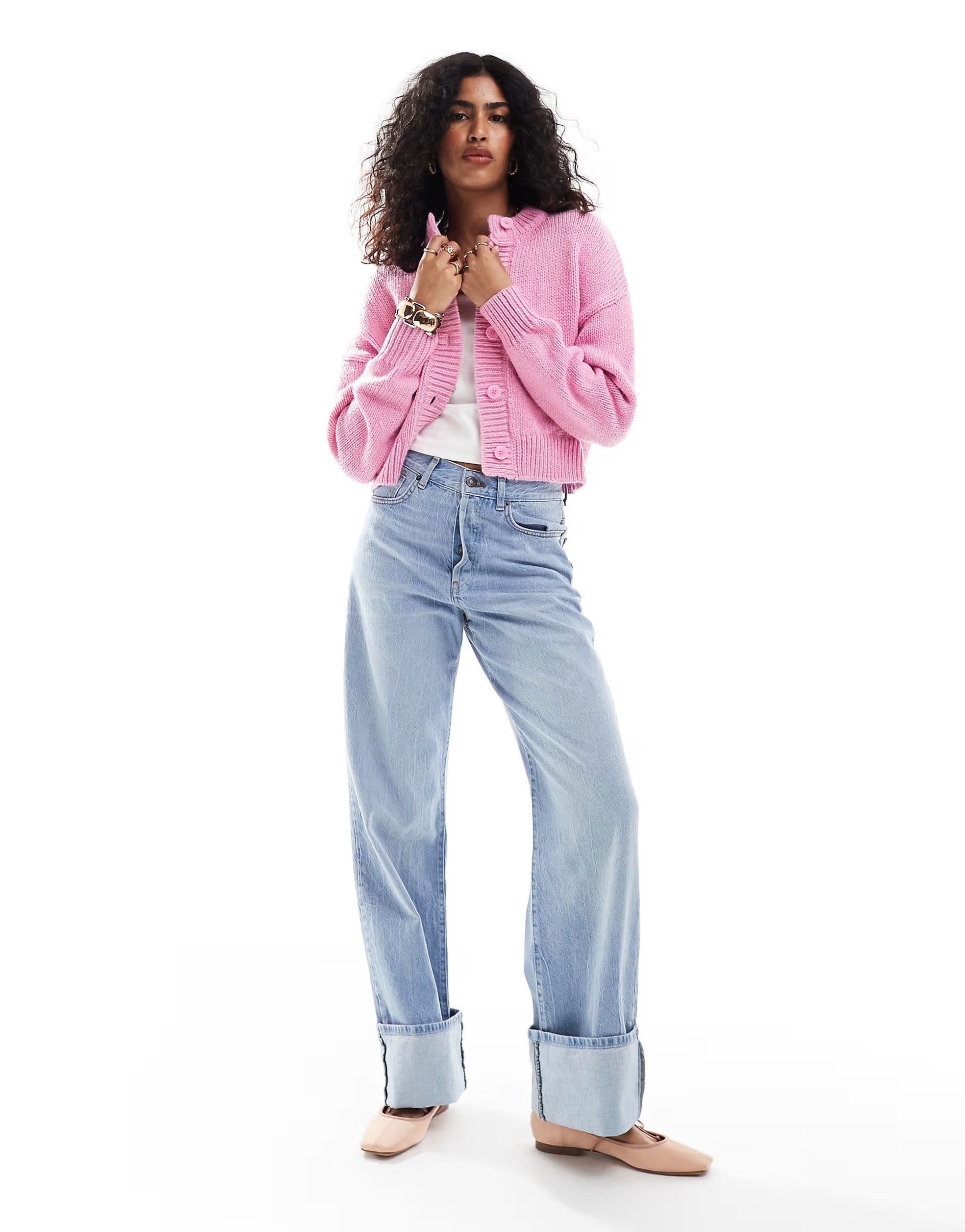 ASOS DESIGN crop crew neck cardigan in pink | ASOS (Global)