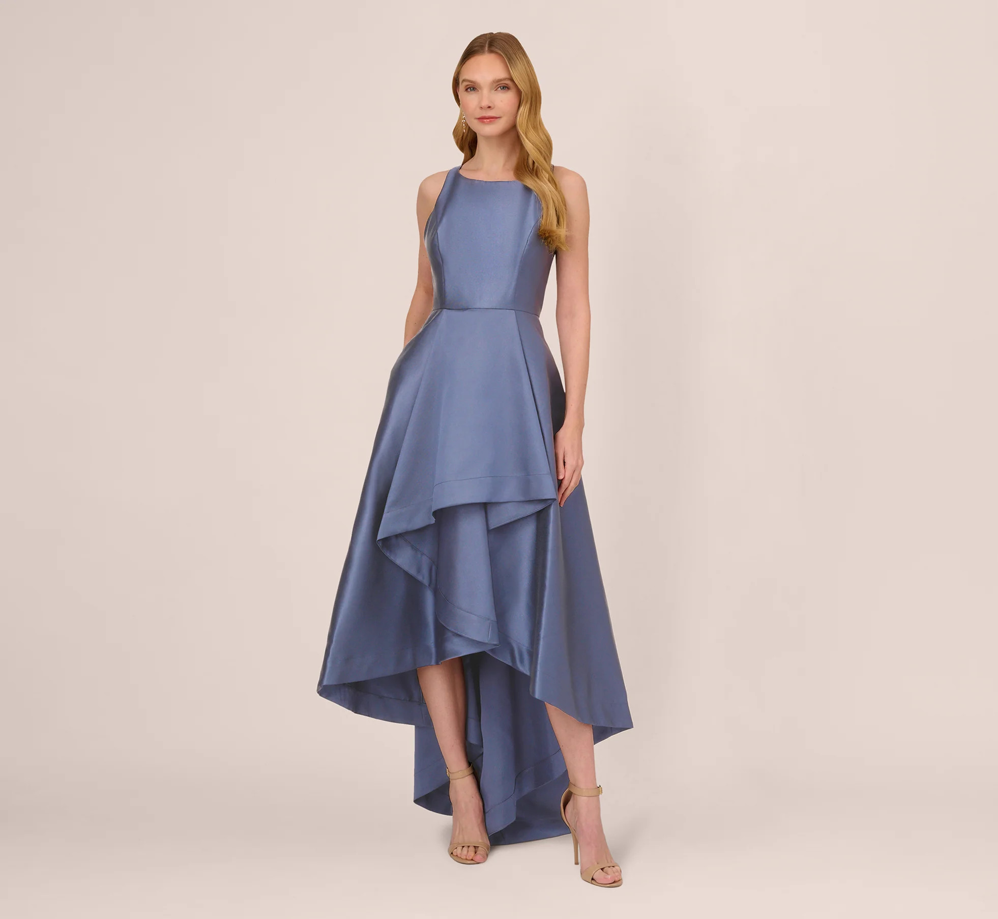High Low Mikado Gown With Asymmetrical Detail In Blue Frost | Adrianna Papell