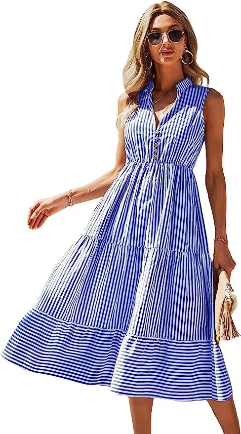 Floerns Women's Striped Print Notched Neck Sleeveless Ruffle A Line Midi Dress | Amazon (US)