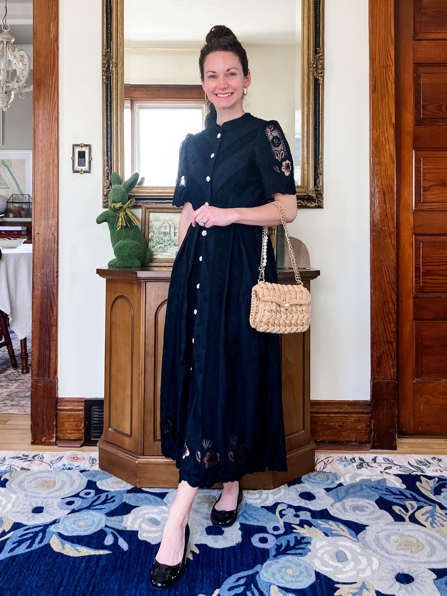 A beautiful lace dress for spring!
Black lace dress from Chicwish. 
Crystal hoop earrings are from a local boutique, linking similar. 
Woven handbag from Chicwish. 
Black leather ballet flats are old from Tory Burch, linking similar. 
Petite outfit. Classic outfit. Spring dress. Easter dress. Modest dress. Classic outfit. Parisian outfit  

#LTKootd #LTKmomlife #LTKOver40