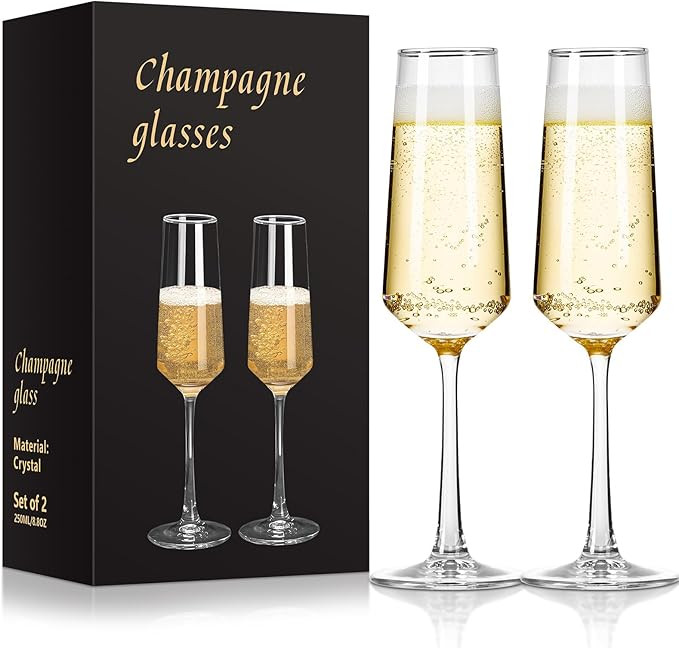 Glass Champagne Flutes Glass, Champagne Glasses Set of 2, Stemmed Mimosa Glasses 9oz, Hand Blown ... | Amazon (US)