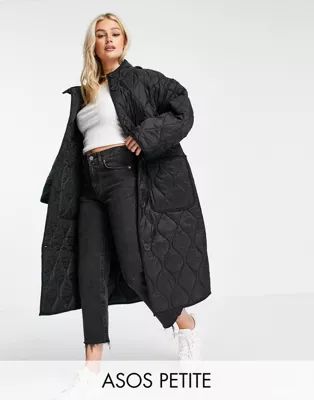 ASOS DESIGN Petite quilted longline hooded puffer jacket in black | ASOS (Global)