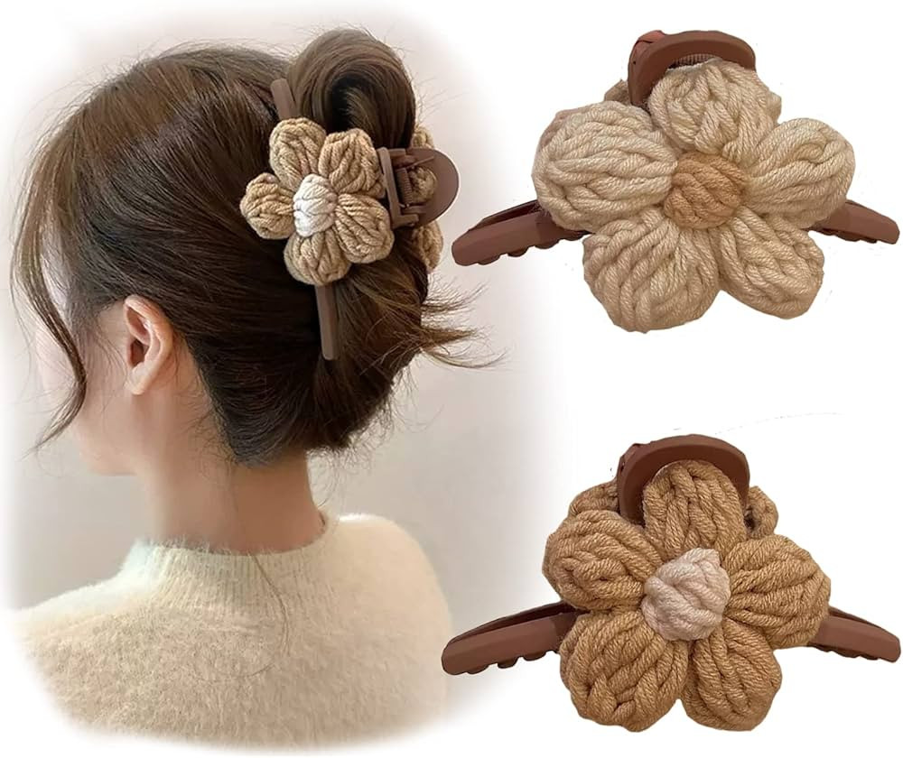 2 Pieces Large Flower Hair Claw Clips Shark Hair Claw Barrette Plastic Hair Clamps Cute Woolen Kn... | Amazon (US)