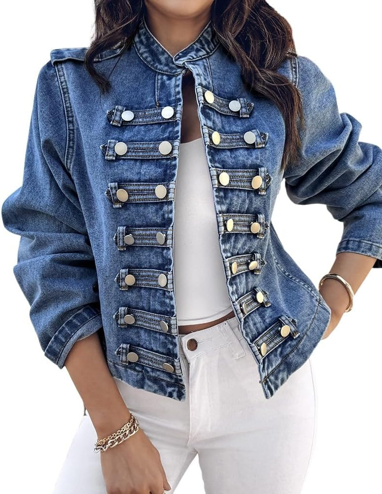 CHICME Women's Military Denim Jacket Long Sleeve Jeans Jacket | Amazon (US)