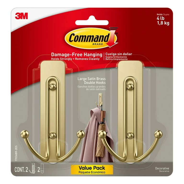 Command Large Satin Brass Double Hook, 2 Decorative Hooks, 2 Strips | Walmart (US)