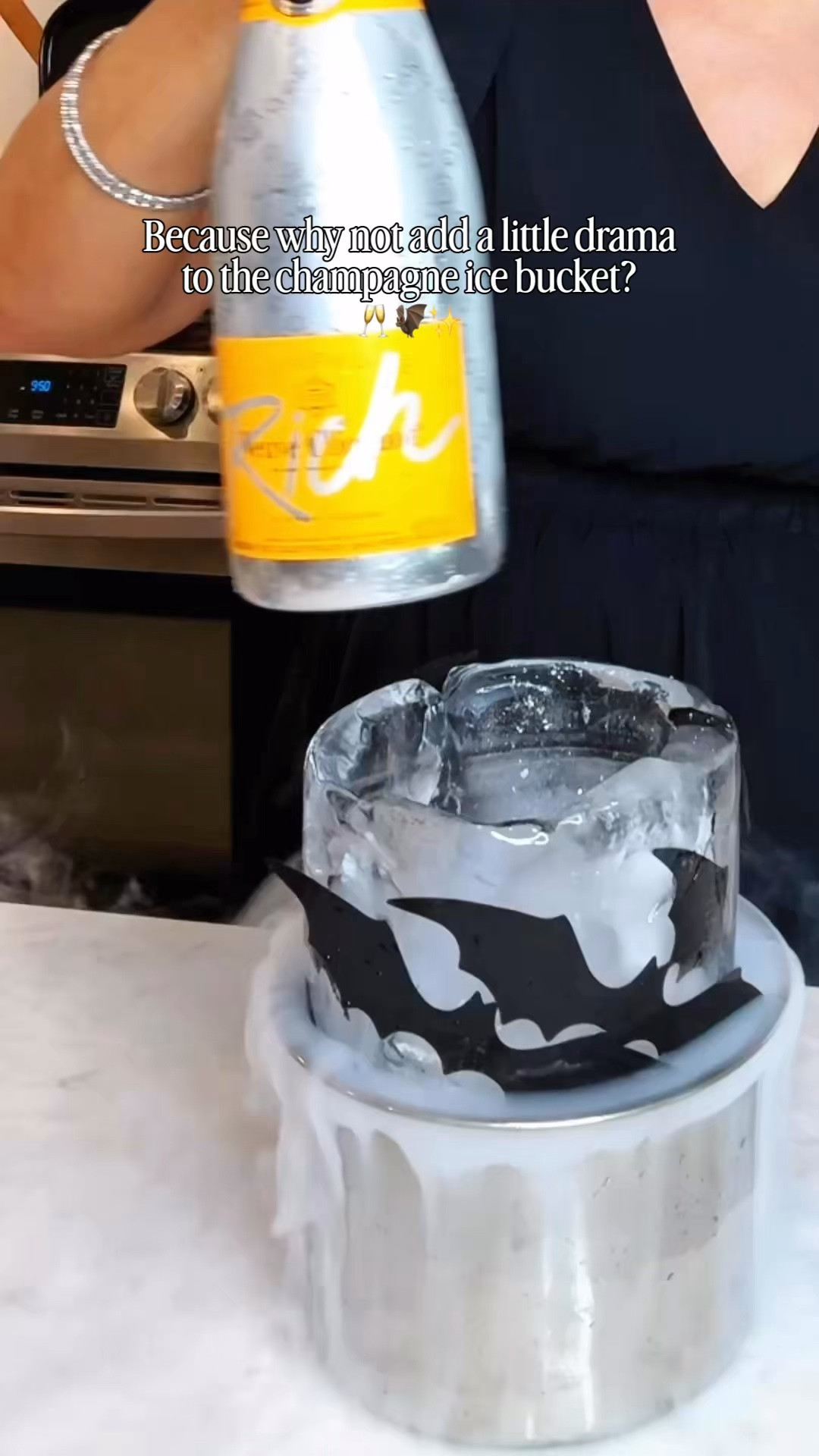 Champagne ice bucket with bats + dry ice = such a fun Halloween party detail🦇🥂
It’s such an easy way to make your bar setup feel a little more festive and dramatic!

#LTKHome #HalloweenHosting #HalloweenParty #PartyIdeas #HalloweenDecor