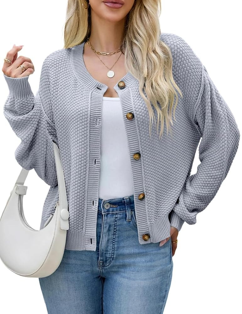 AGSEEM Cropped Cardigan for Women, Button Down Sweaters Long Sleeve Crew Neck Solid Color Tops Kn... | Amazon (US)