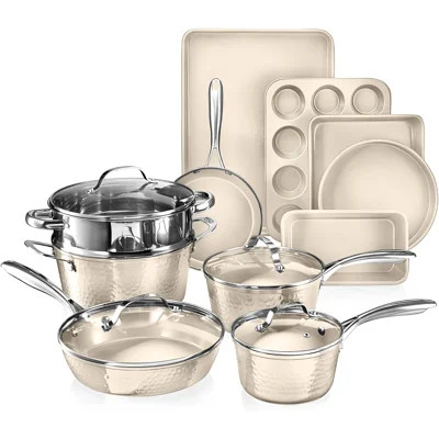 Gotham Steel Hammered Cream 15 Piece Ultra Ceramic Nonstick Cookware Set With Bakeware | Wayfair North America