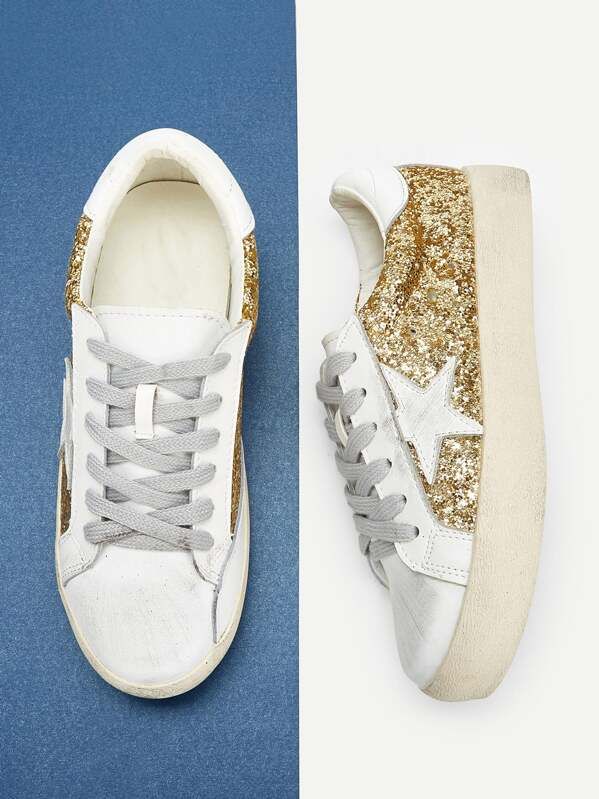 Star Detail Glitter Lace Up Sneakers | SHEIN