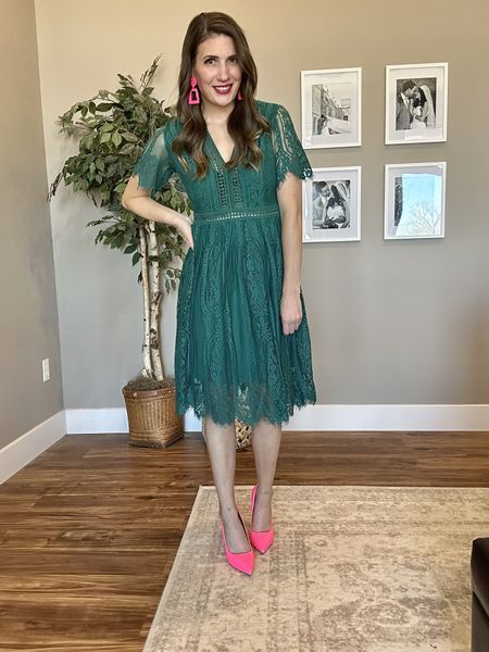 Love these two colors together! 

Green dress, pink shoes, valentines outfit, date night outfit, wedding guest dress, spring outfit, summer dress  

#LTKwedding #LTKSeasonal #LTKfindsunder50