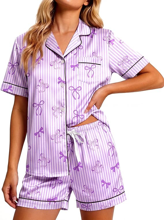 Womens Silk Satin Pajamas Set Short Sleeve Sleepwear Soft Button Down 2 Piece Pjs Shorts Sets Lou... | Amazon (US)