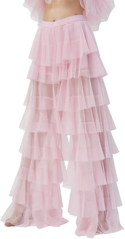 Women's Long Tiered Ruffled Tulle Pants Sheer Mesh Evening Party Layered Pants | Amazon (US)