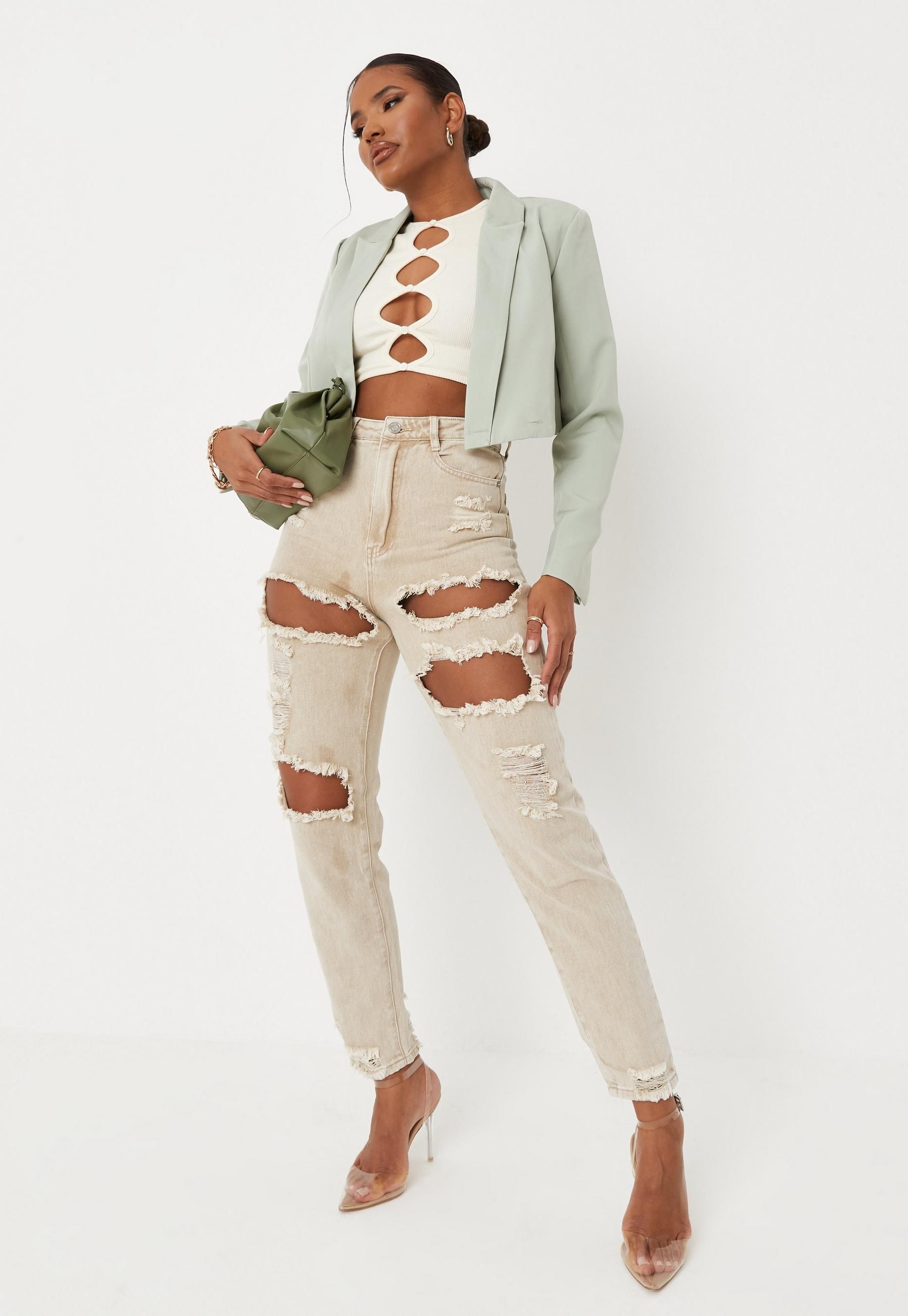 Sand Extreme Ripped Riot Mom Rigid Jeans | Missguided (US & CA)