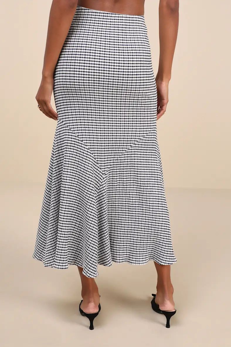 Classic Choice Navy Blue Gingham Trumpet Hem Midi Skirt | Lulus