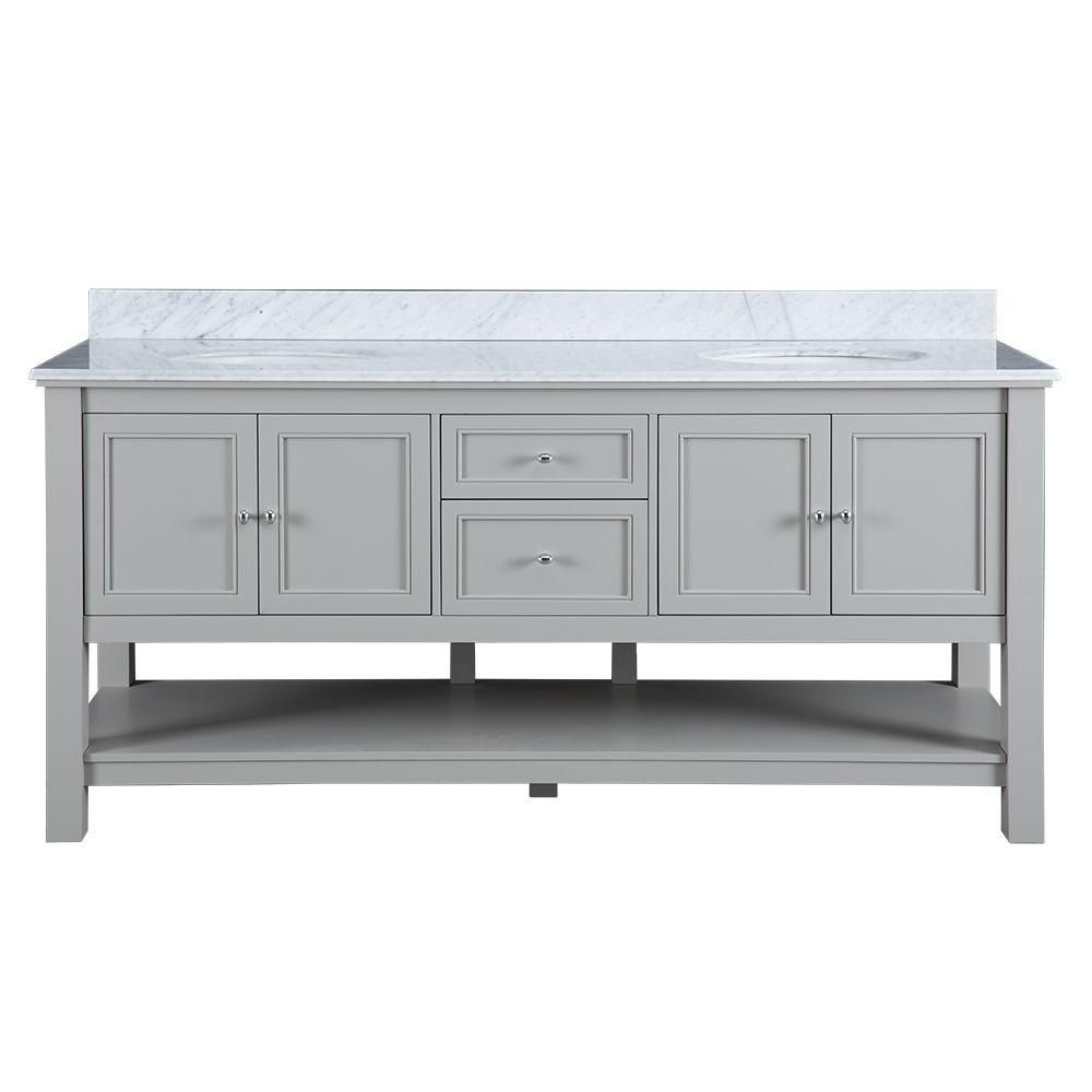 Gazette 72 in. W x 22 in. D Double Bath Vanity in Grey with Marble Vanity Top in Carrara White | The Home Depot
