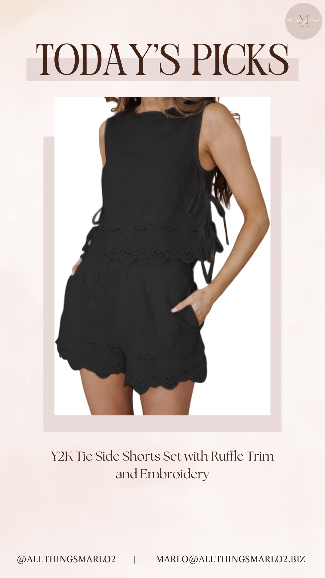 Y2K Tie Side Shorts Set with Ruffle Trim and Embroidery 

 #LTKSeasonal #LTKWorkwear #LTKTravel