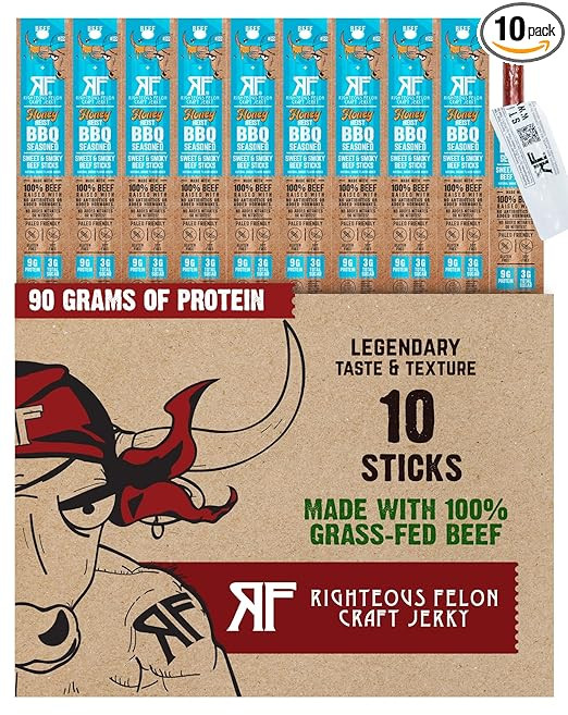 Righteous Felon Meat Sticks | 100% Grass Fed Beef | 9g Protein per Stick | Keto, Gluten-Free, Low... | Amazon (US)