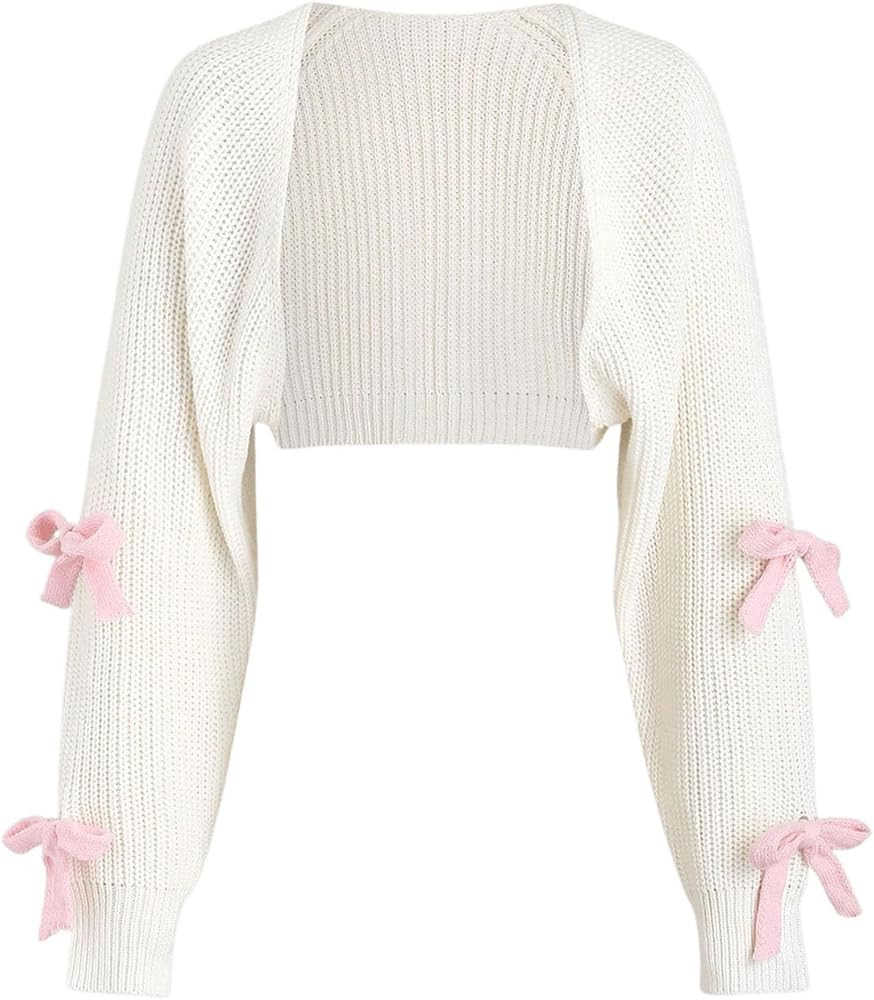 SHENHE Women's Open Front Ribbed Knit Bow Cute Cropped Cardigan Bolero Sweater Shrug | Amazon (US)