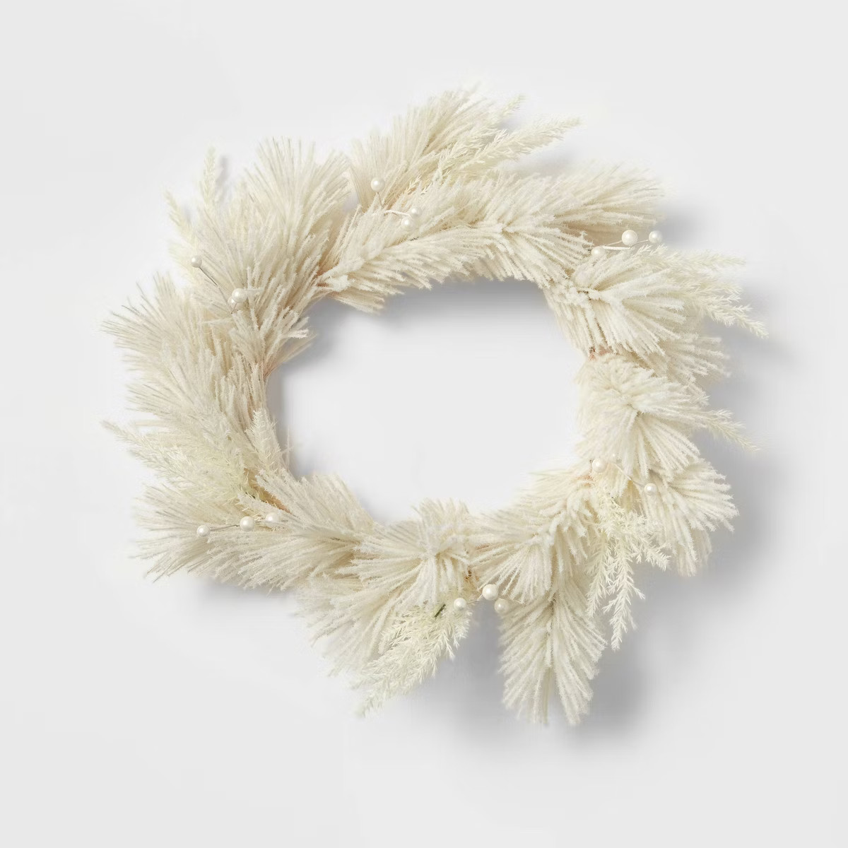 22" Flocked Faux Pampas Grass Hard Needle Artificial Christmas Wreath with Pearl Berries Ivory - ... | Target