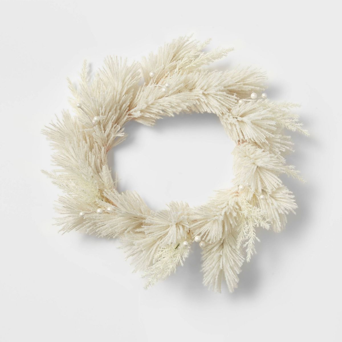 22" Flocked Faux Pampas Grass Hard Needle Artificial Christmas Wreath with Pearl Berries Ivory - ... | Target