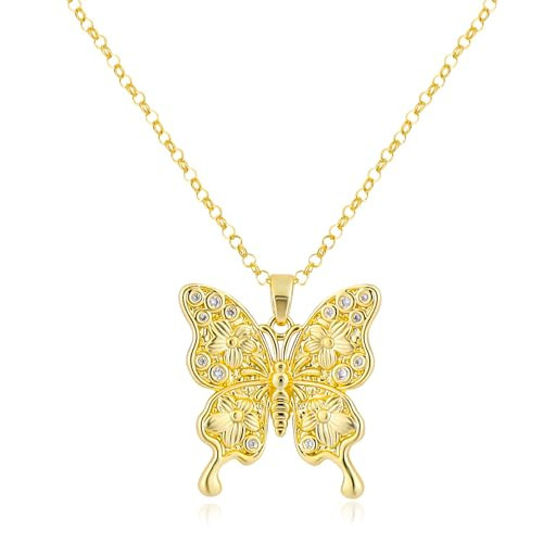 Gold Butterfly Necklace for Women 14K Gold Plated Flower Pattern Butterfly Pendant Necklace Vintage Cubic Zirconia Butterfly Charm Necklace Adjustable Chain Insect Fairy Trendy Jewelry Gift for Women | Amazon (US)