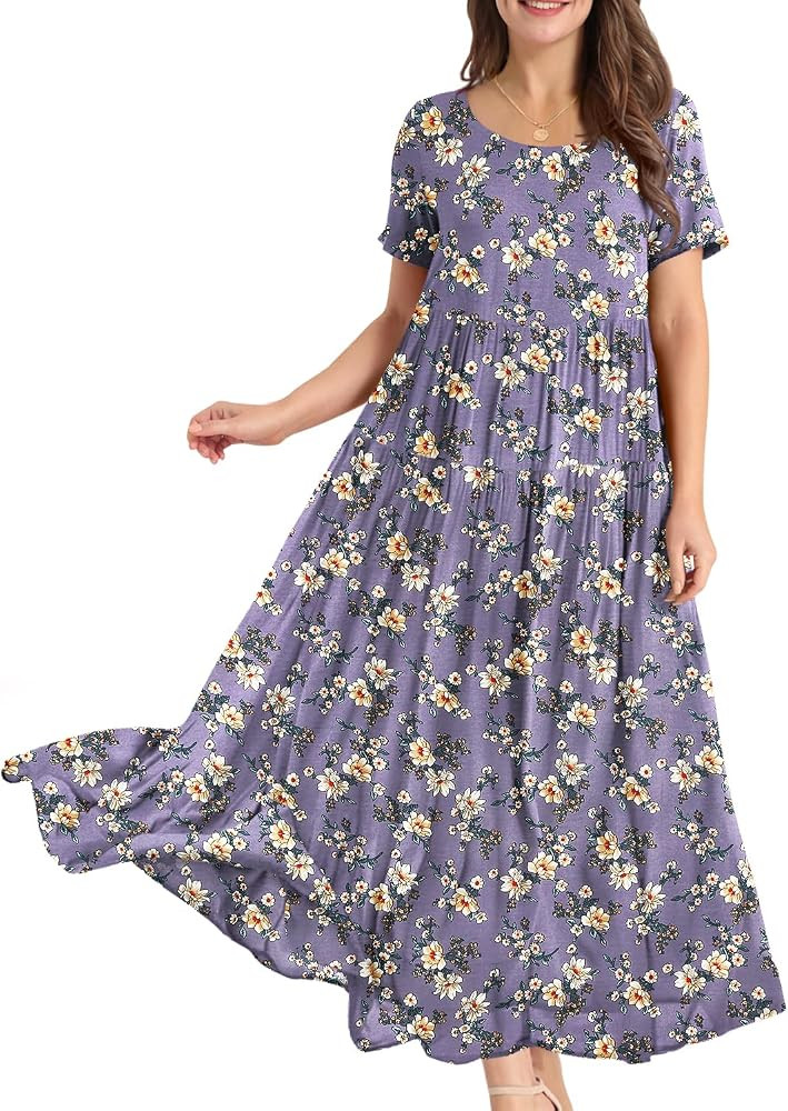 YESNO Women Casual Loose Bohemian Floral Dress with Pockets Short Sleeve Long Maxi Summer Beach S... | Amazon (US)
