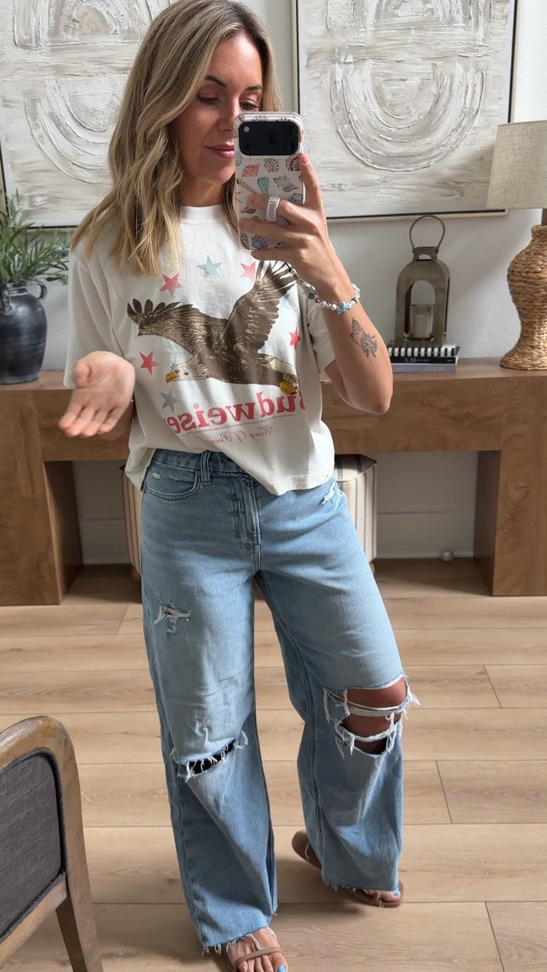 Here’s Memorial Day sale on AE jeans these super high-rise curvy baggy jeans are my favorite. They are the most flattering and this is my normal 4 in the regular length. I’m typically a 2 to 4 depending on brands but I think the loose fit is cute with these. I’m also 5’7 and I would’ve purchased the long because I do like my jeans to touch the floor, but this is a regular length. @ae #ae #baggyjeans #aejeans #americaneagle

#LTKootd #LTKSaleAlert