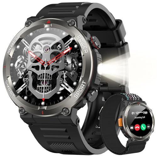 IOWODO Military Smart Watch for Men -100-Day Long Battery Life,Fitness Tracker with LED Flashlight/Compass,Heart Rate Monitor,120+ Sports Modes,IP68 Waterproof,Bluetooth Call Smartwatch for iOSAndroid | Amazon (US)