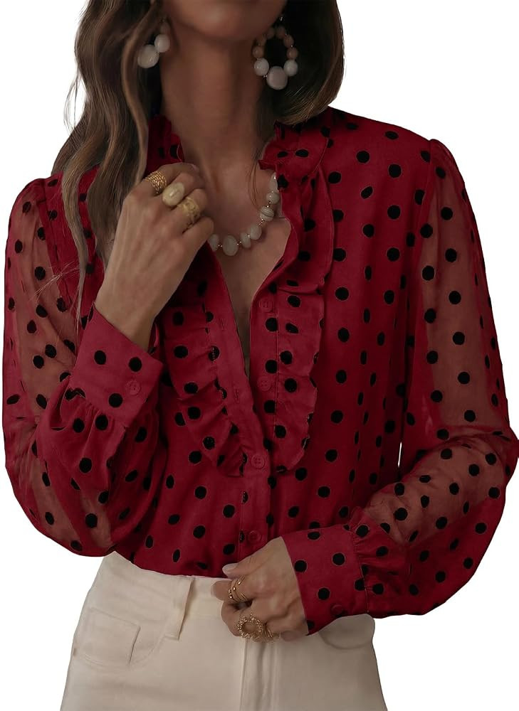 Astylish Womens Dressy Button Down Polka Dot Tops Trendy V Neck Sheer Mesh Long Sleeve Ruffle Tri... | Amazon (US)