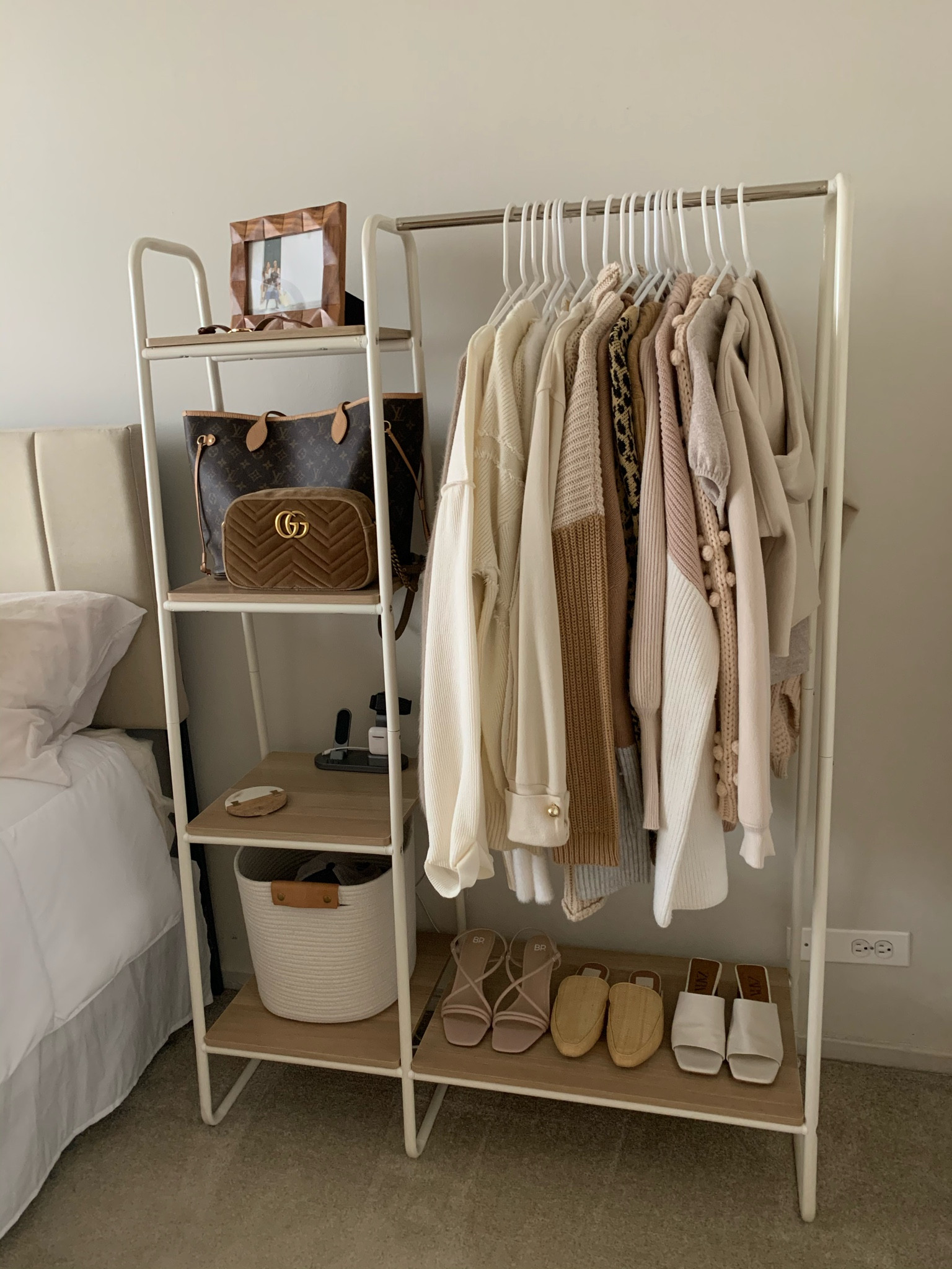 neutral bedroom clothes rack