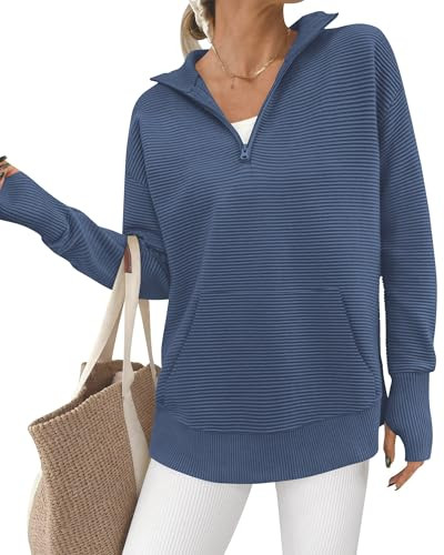 BTFBM Sweaters for Women Fall Clothes 2025 Pocket Quarter Zip Pullover V Neck Long Sleeve Knit Tr... | Amazon (US)