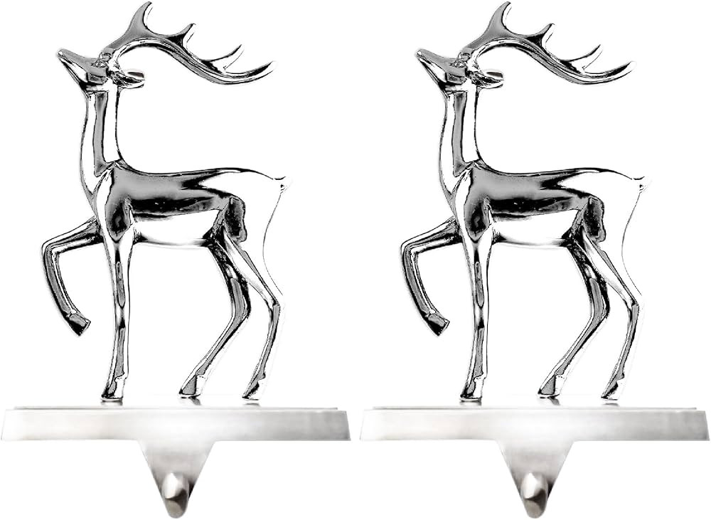 Klikel Stocking Holder Set of 2 - Christmas Reindeer Stocking Hanger For Mantel - Shiny Silver Me... | Amazon (US)