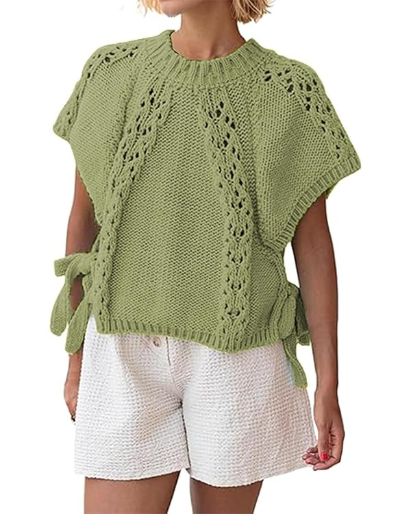 Knitted Tops Short Sleeve Sweater for Women Lace Up Crew Neck Crochet Tops Hollow Out Pullover Sh... | Amazon (US)