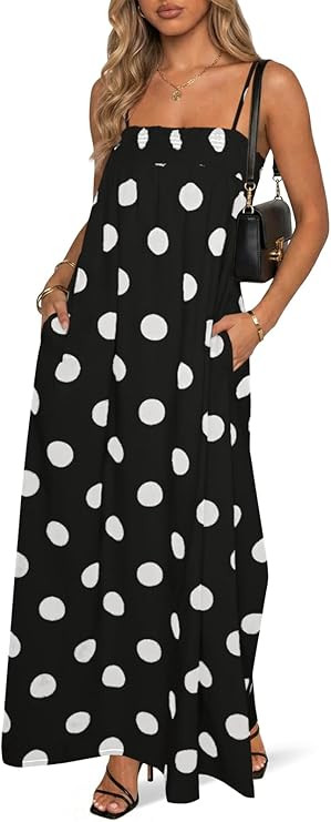 Wenrine Womens Summer Polka Dot Maxi Dress Casual Spaghetti Strap Smocked Loose Vacation Beach Dr... | Amazon (US)