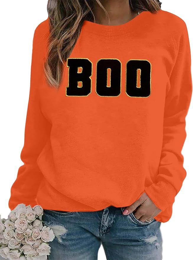 MYHALF Halloween Sweatshirt Women Boo Embroidered Sweater Cute Spooky Season Sweatshirt Fall Wint... | Amazon (US)