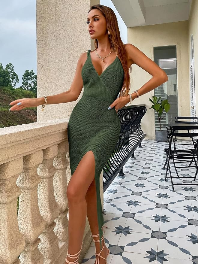 MakeMeChic Women's Wrap Knitted Cover Up Sleeveless Deep V Neck Split Beach Dress | Amazon (US)