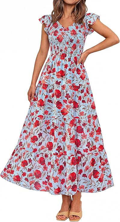 PRETTYGARDEN Women's Summer Flowy Maxi Dress Casual Cap Sleeve V Neck Smocked Beach Sundress | Amazon (US)