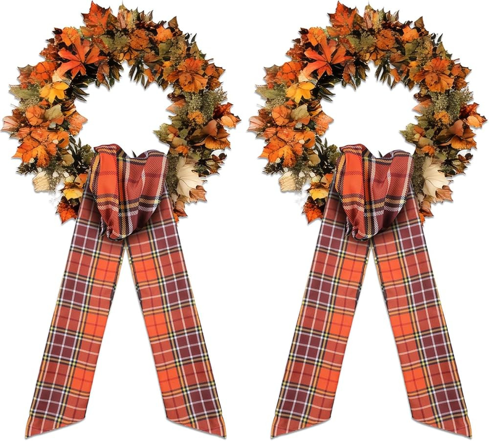 Fall Wreath Sash for Front Door - 2 Pcs Orange Plaid Sashes for Wreaths Autumn Home Decoration, 6... | Amazon (US)