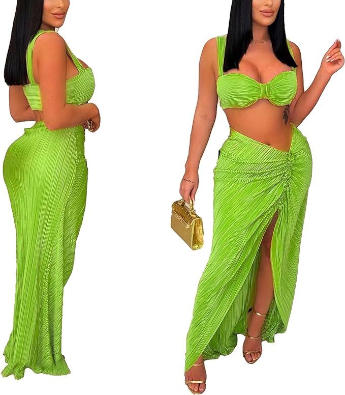 Sexy 2 Piece Outfits for Women Summer Club Split Long Skirt Set Party Sleeveless Crop Top | Amazon (US)