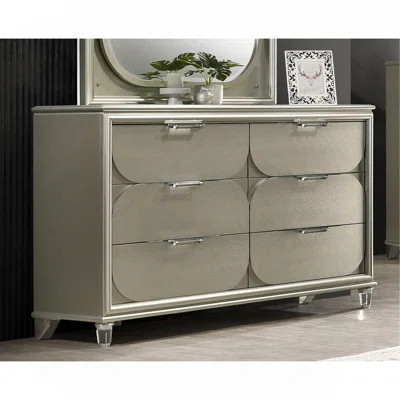Contemporary Silver 1Pc Dresser Acrylic Handles Embossed Panels English Dovetails 6-Drawers Dresser | Wayfair North America