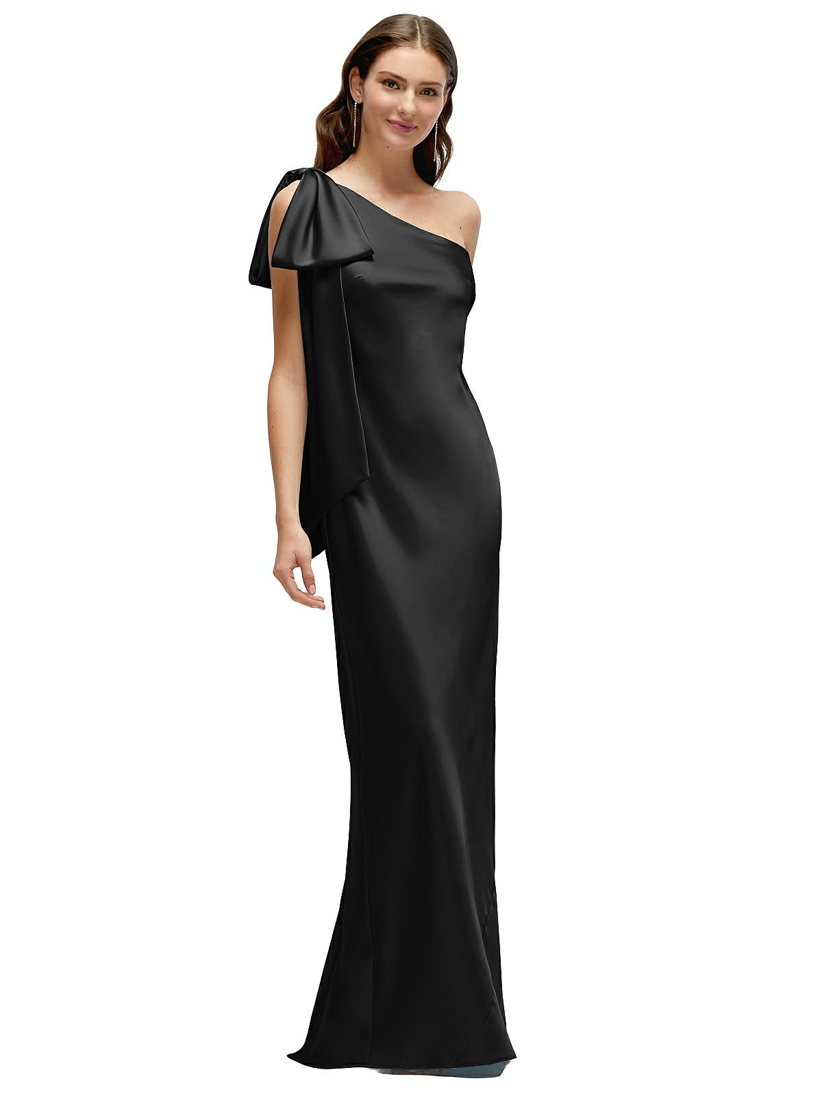 One-Shoulder Bias-Cut Satin Maxi Dress with Cascading Shoulder Bow in Black | The Dessy Group